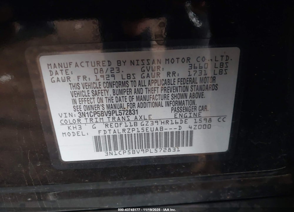 2023 NISSAN KICKS S XTRONIC CVT VIN: 3N1CP5BV9PL572831