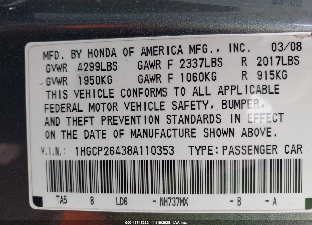 2008 HONDA ACCORD 2.4 LX-P VIN: 1HGCP26438A110353