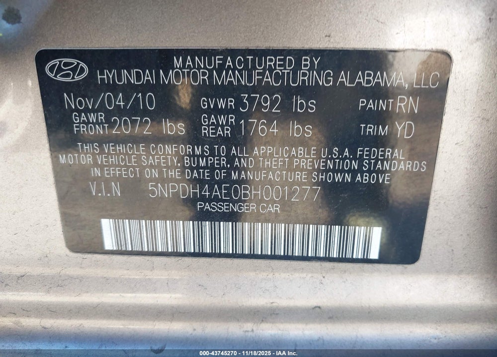 2011 HYUNDAI ELANTRA VIN: 5NPDH4AE0BH001277