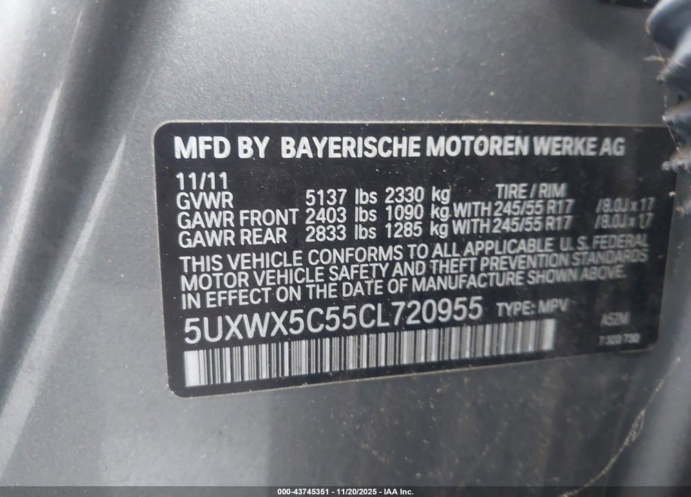 2012 BMW X3 XDRIVE28I VIN: 5UXWX5C55CL720955