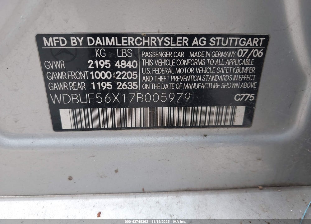 2007 MERCEDES-BENZ E 350 VIN: WDBUF56X17B005979