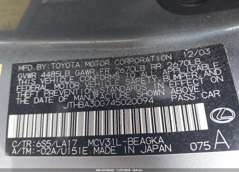 2004 LEXUS ES 330 VIN: JTHBA30G745020094