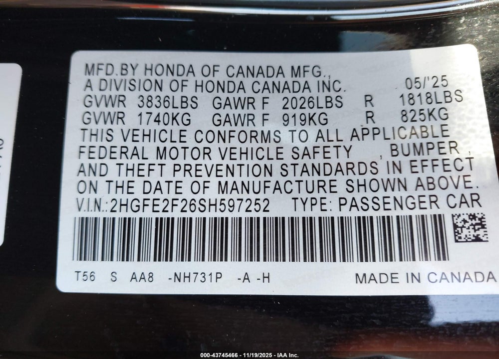 2025 HONDA CIVIC LX VIN: 2HGFE2F26SH597252