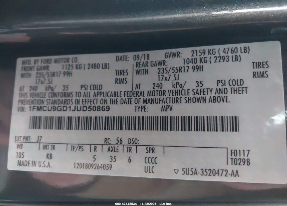 2018 FORD ESCAPE SE VIN: 1FMCU9GD1JUD50869