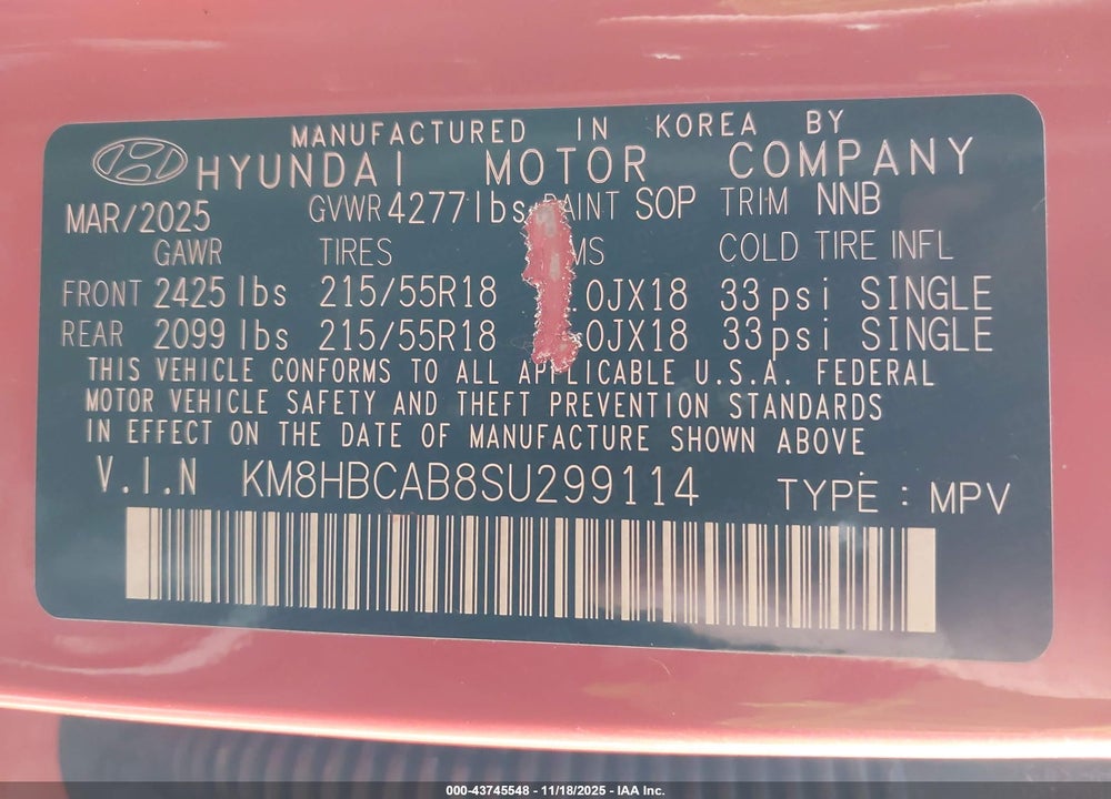 2025 HYUNDAI KONA SEL VIN: KM8HBCAB8SU299114