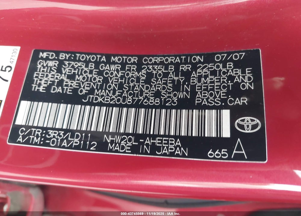 2007 TOYOTA PRIUS VIN: JTDKB20U877688123
