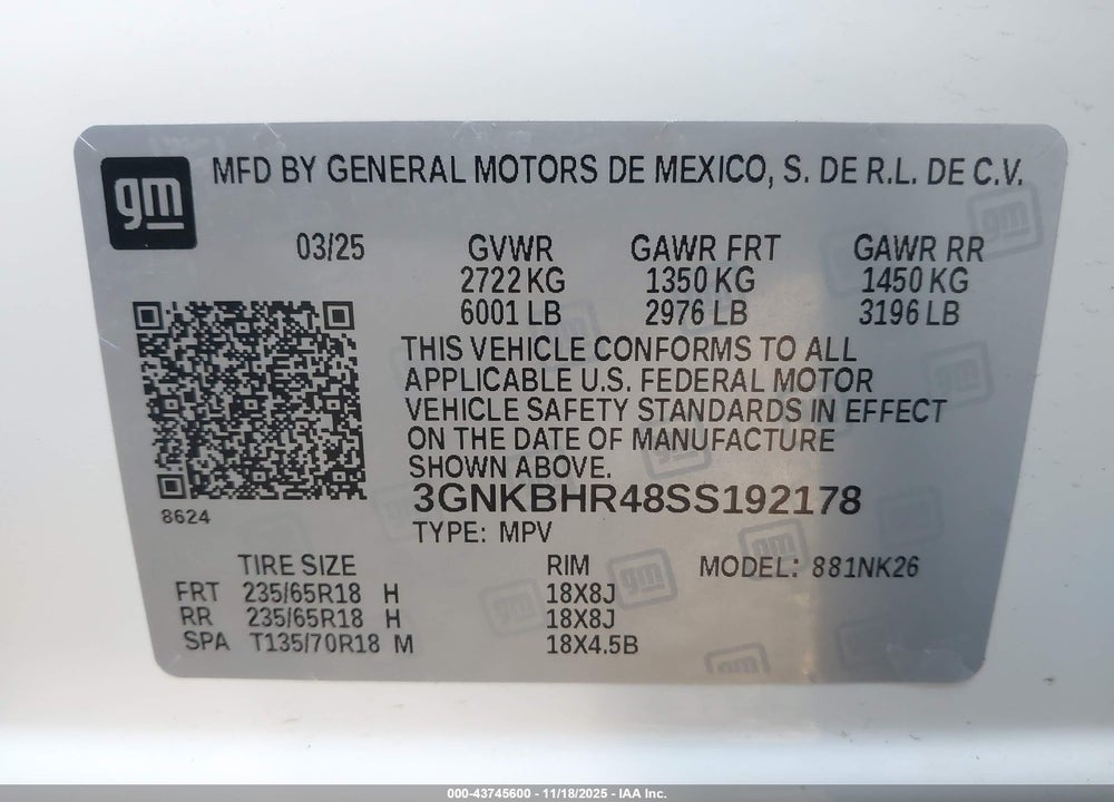2025 CHEVROLET BLAZER AWD 2LT VIN: 3GNKBHR48SS192178