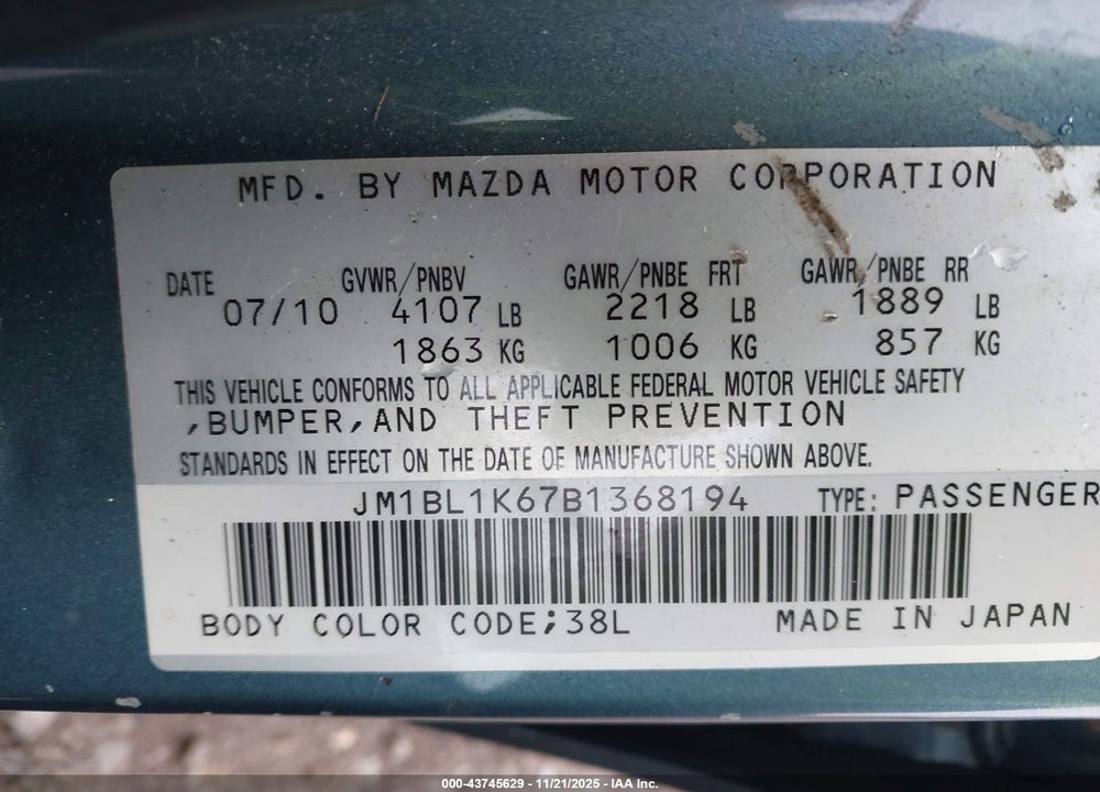 2011 MAZDA 3 S SPORT VIN: JM1BL1K67B1368194