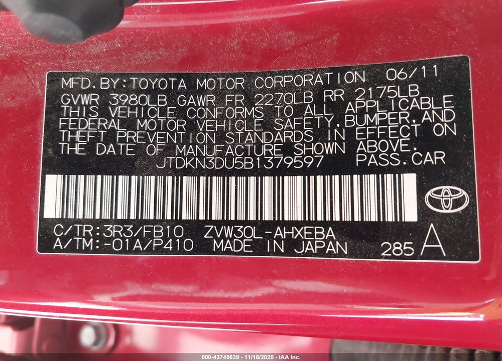 2011 TOYOTA PRIUS TWO VIN: JTDKN3DU5B1379597