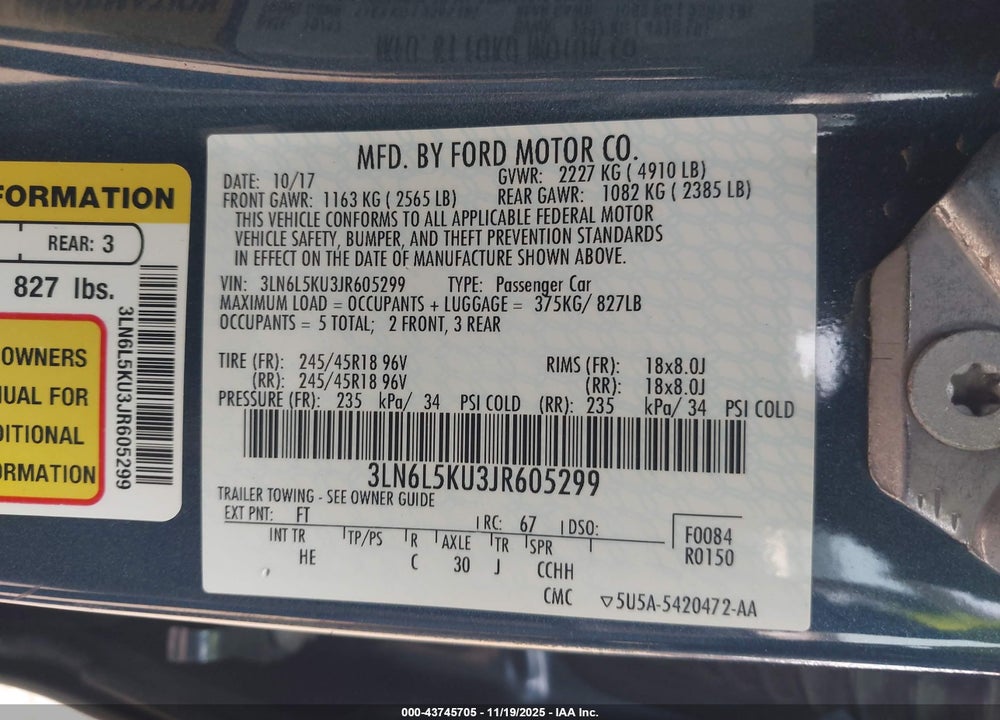 2018 LINCOLN MKZ HYBRID PREMIERE VIN: 3LN6L5KU3JR605299