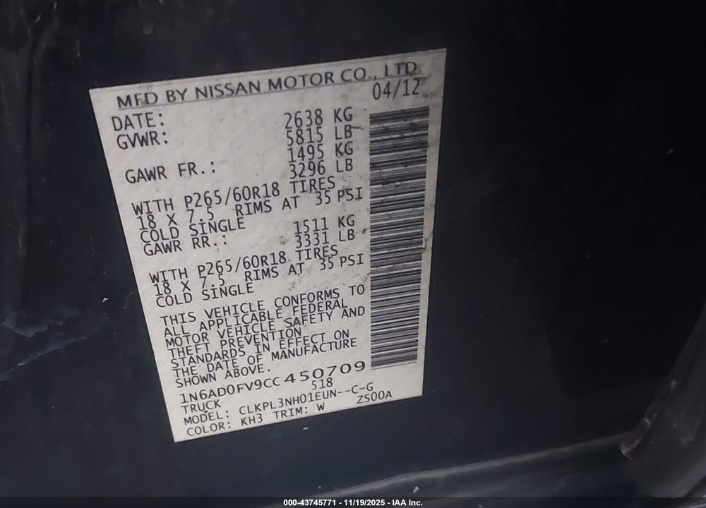 2012 NISSAN FRONTIER VIN: 1N6AD0FV9CC450709