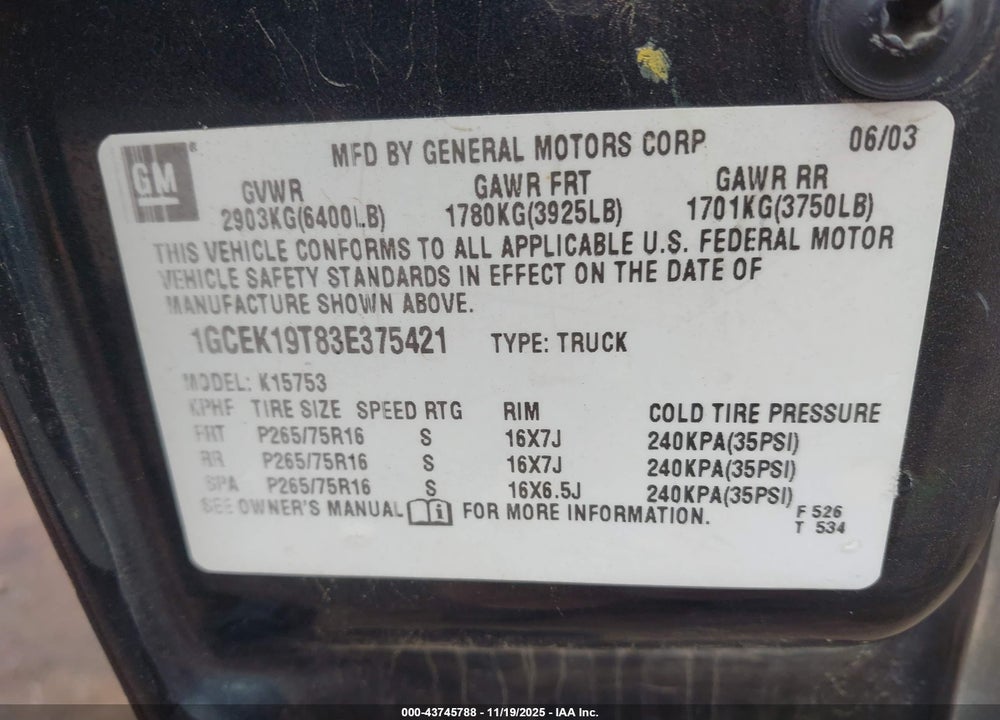 2003 CHEVROLET SILVERADO 1500 LT VIN: 1GCEK19T83E375421