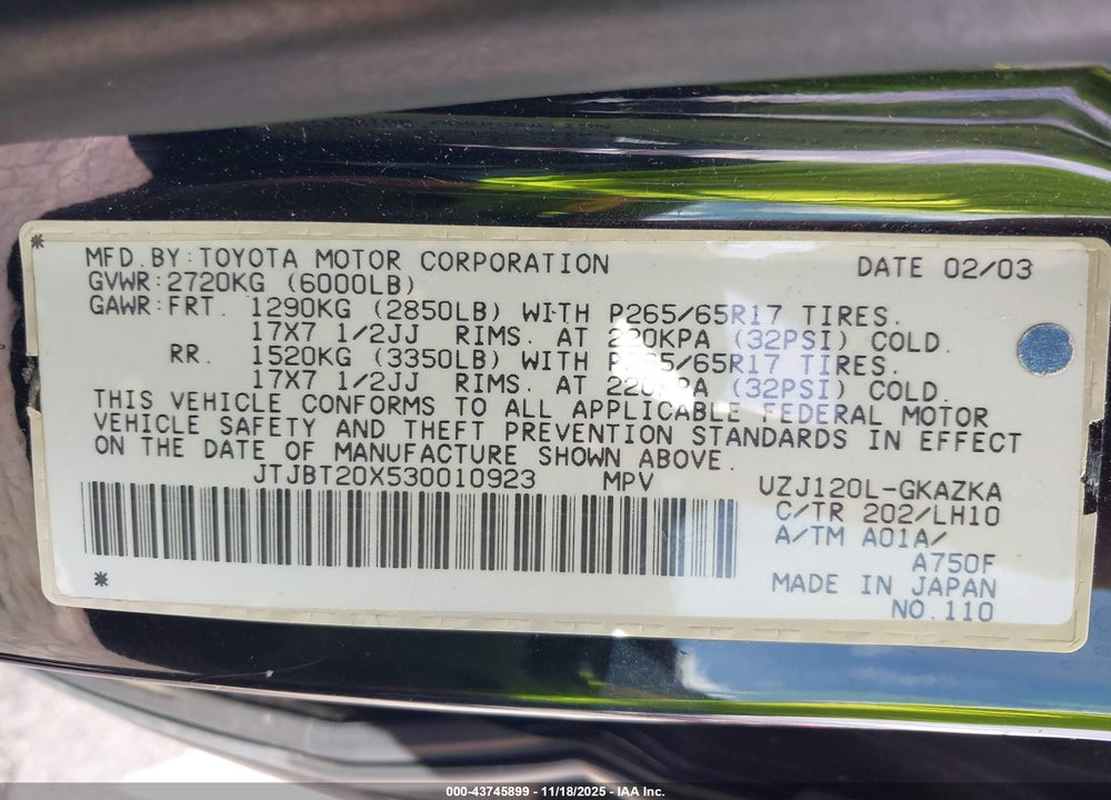 2003 LEXUS GX 470 VIN: JTJBT20X530010923