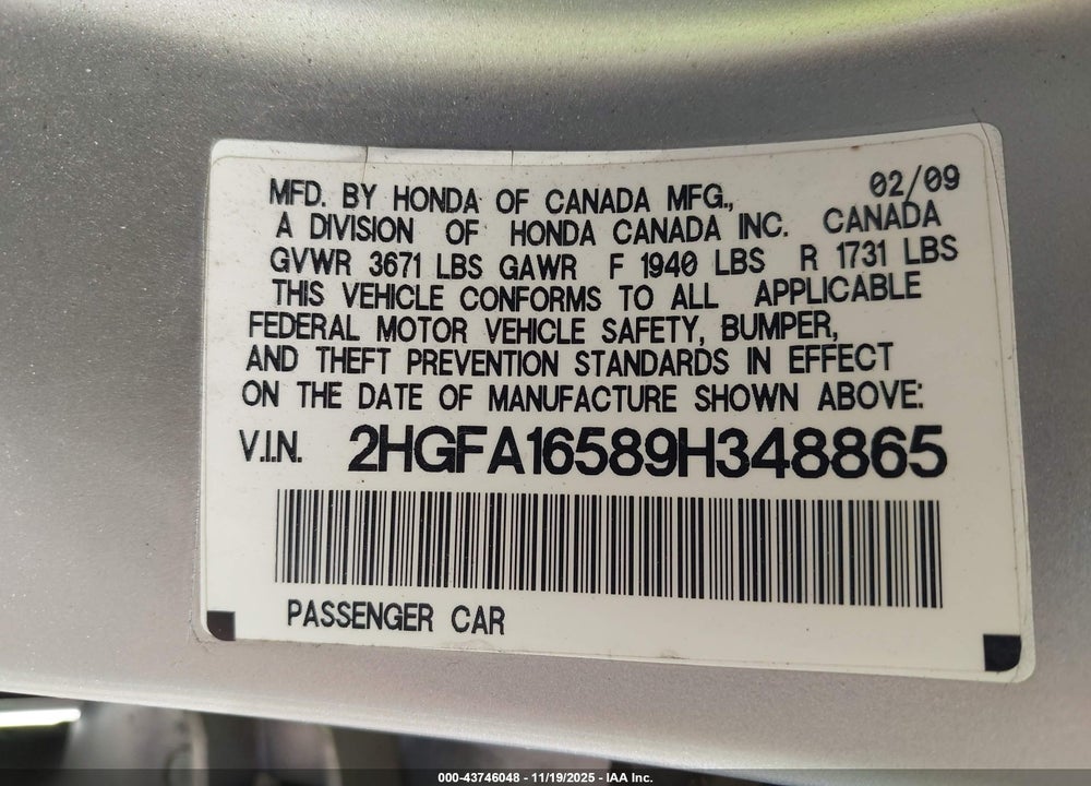 2009 HONDA CIVIC LX VIN: 2HGFA16589H348865