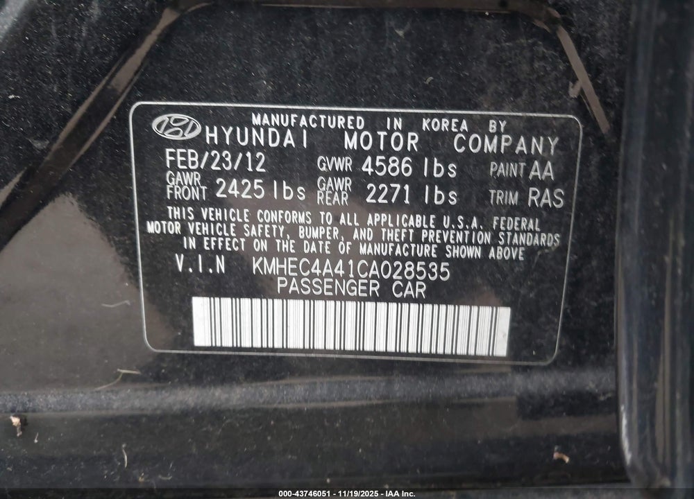 2012 HYUNDAI SONATA HYBRID VIN: KMHEC4A41CA028535
