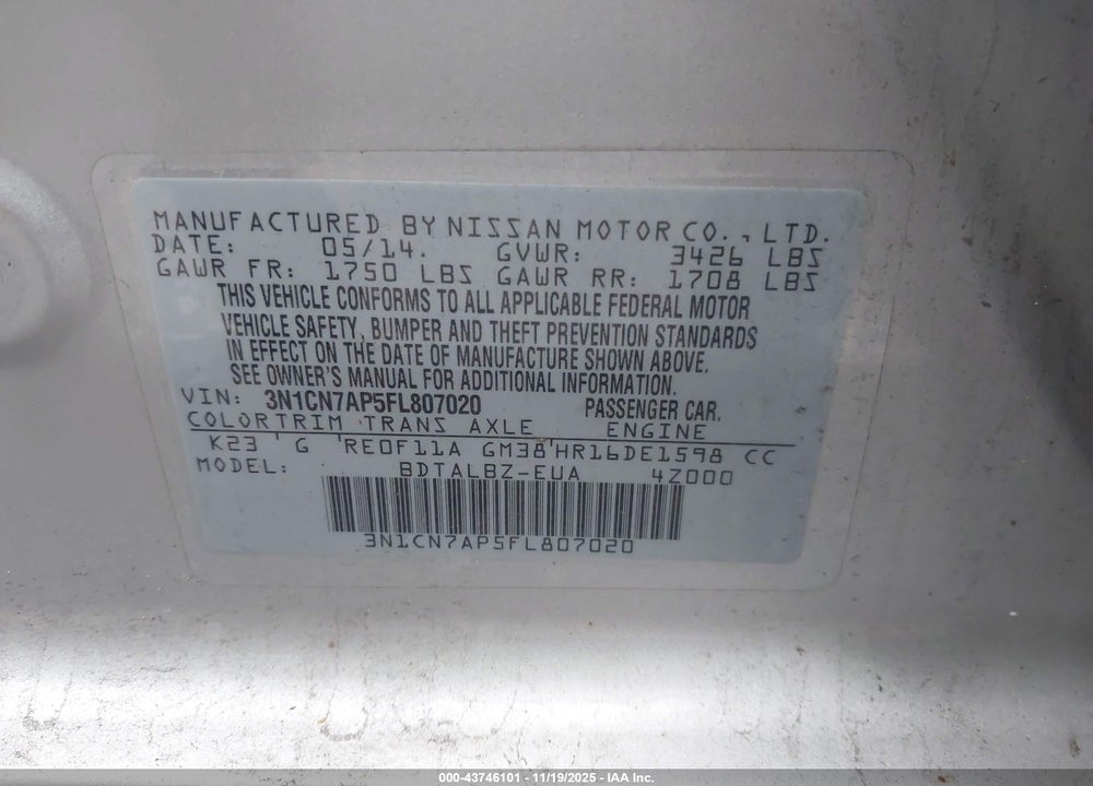 2015 NISSAN VERSA 1.6 SV VIN: 3N1CN7AP5FL807020
