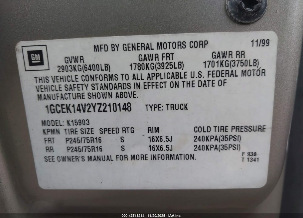 2000 CHEVROLET SILVERADO 1500 VIN: 1GCEK14V2YZ210148