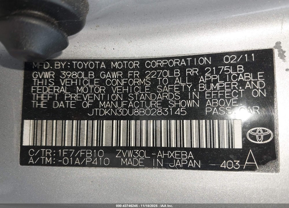 2011 TOYOTA PRIUS TWO VIN: JTDKN3DU8B0283145