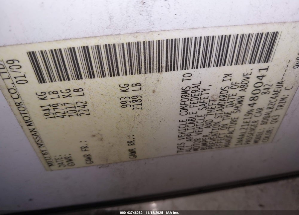 2009 NISSAN ALTIMA 2.5 S VIN: 1N4AL21E19N480041