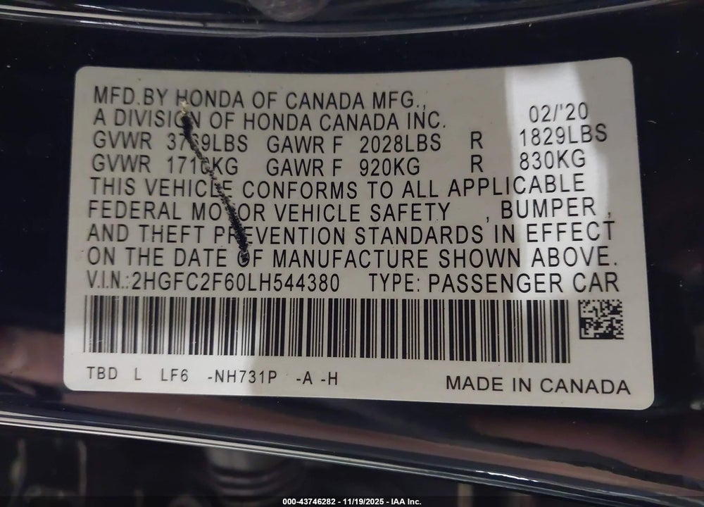 2020 HONDA CIVIC LX VIN: 2HGFC2F60LH544380