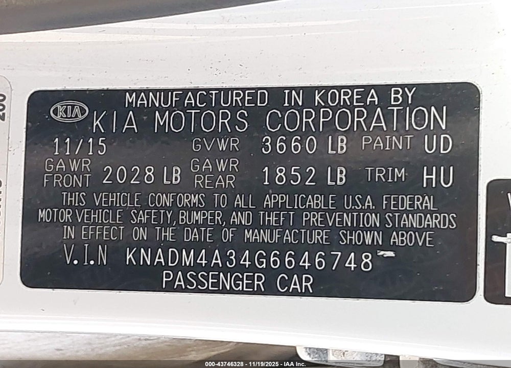 2016 KIA RIO LX VIN: KNADM4A34G6646748