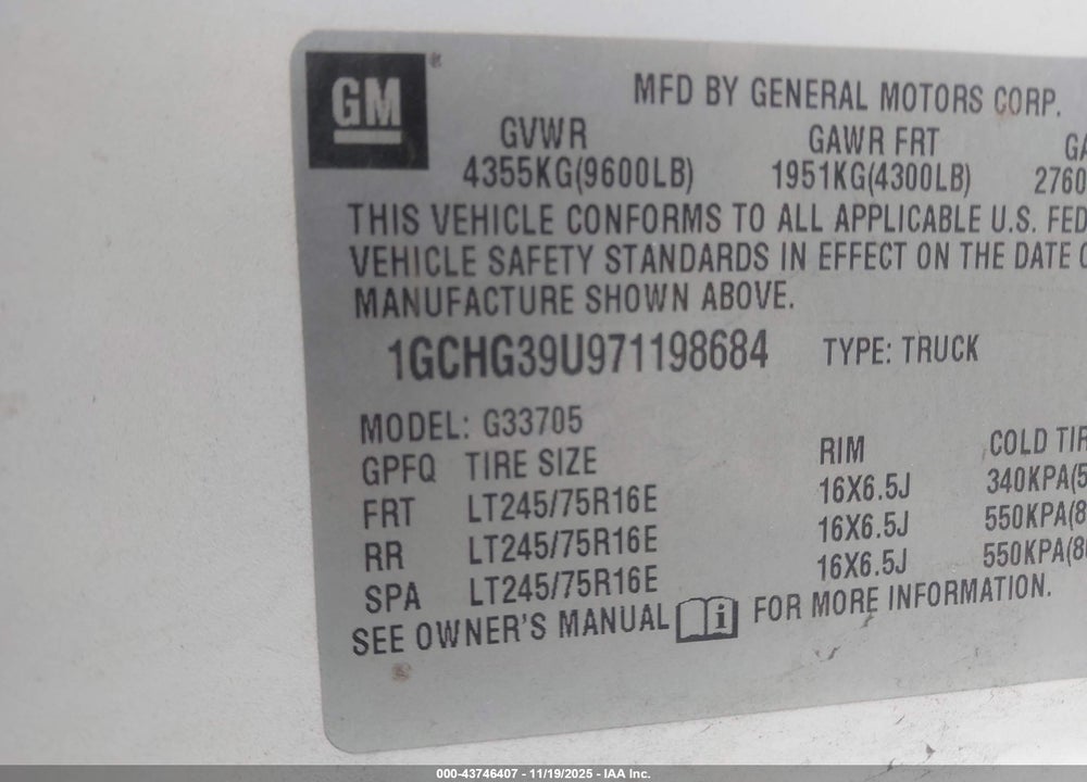 2007 CHEVROLET EXPRESS WORK VAN VIN: 1GCHG39U971198684