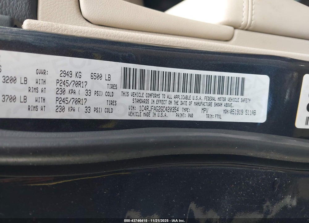 2016 JEEP GRAND CHEROKEE LAREDO VIN: 1C4RJFAG2GC420354