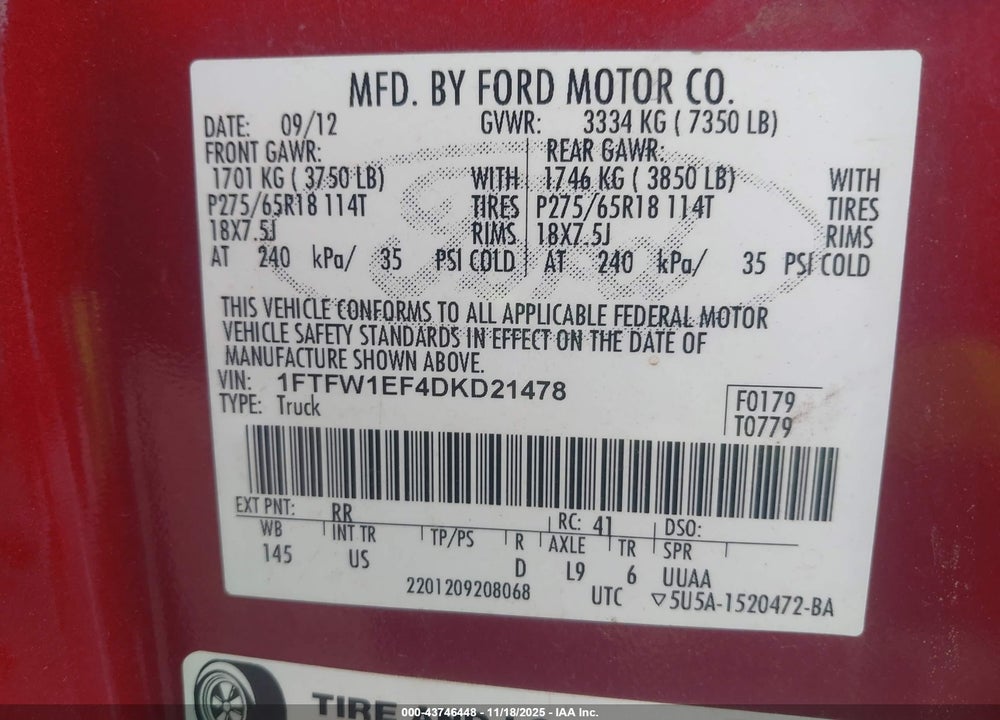 2013 FORD F-150 XLT VIN: 1FTFW1EF4DKD21478