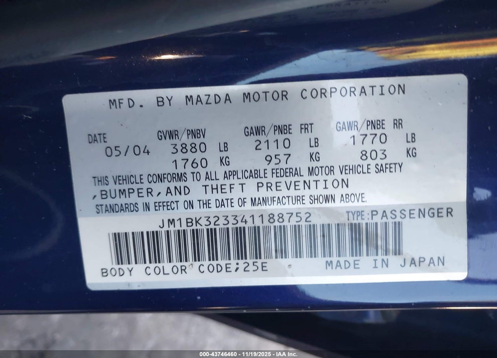 2004 MAZDA 3 S VIN: JM1BK323341188752