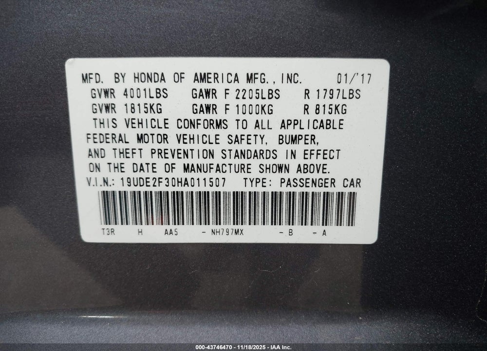 2017 ACURA ILX WATCH PLUS PACKAGE VIN: 19UDE2F30HA011507
