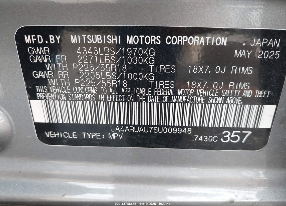 2025 MITSUBISHI OUTLANDER SPORT 2.0 ES AWC/2.0 LE AWC/2.0 S AWC/2.0 SE AWC/2.0 TRAIL EDITION AWC VIN: JA4ARUAU7SU009948