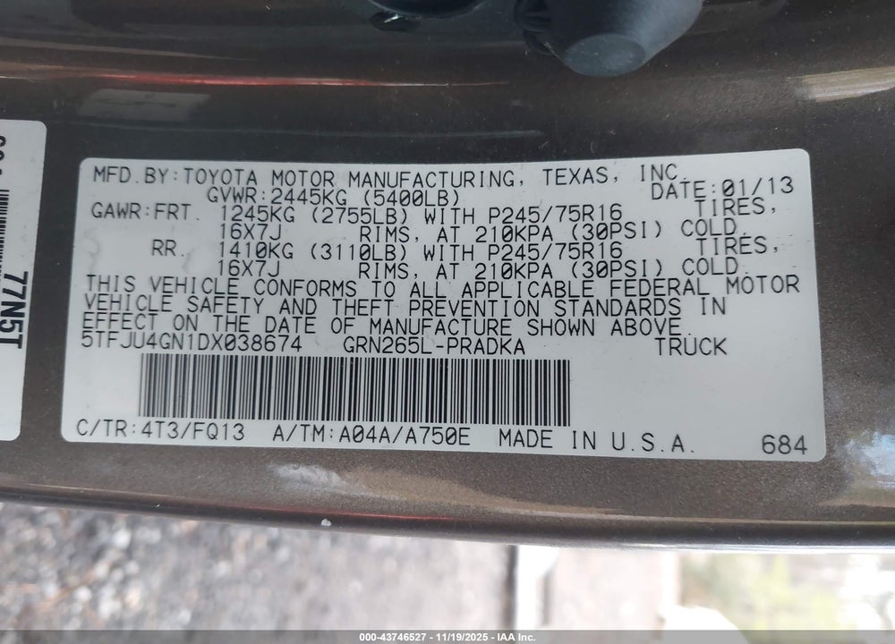 2013 TOYOTA TACOMA VIN: 5TFJU4GN1DX038674