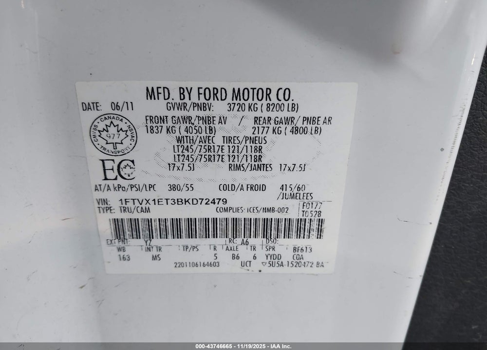 2011 FORD F150 SUPER CAB VIN: 1FTVX1ET3BKD72479