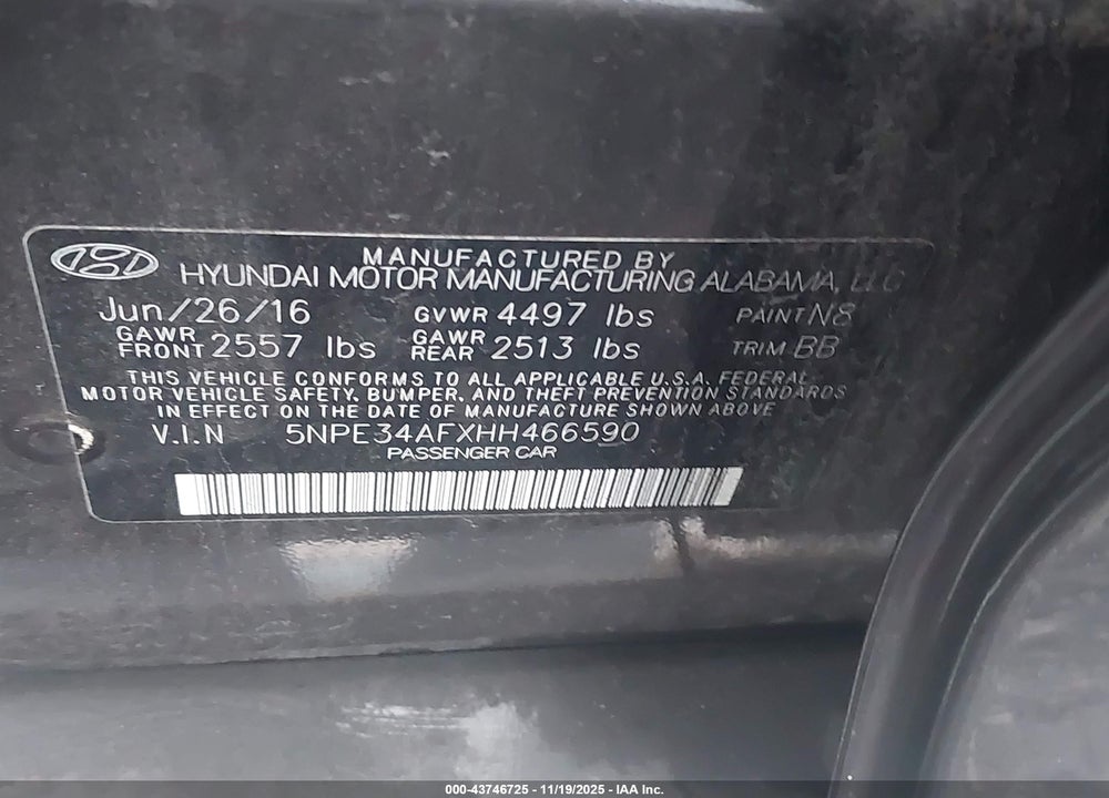 2017 HYUNDAI SONATA VIN: 5NPE34AFXHH466590