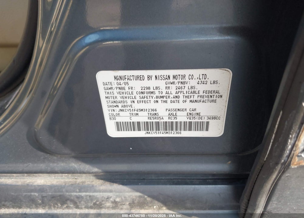 2005 INFINITI G35X VIN: JNKCV51F45M312366