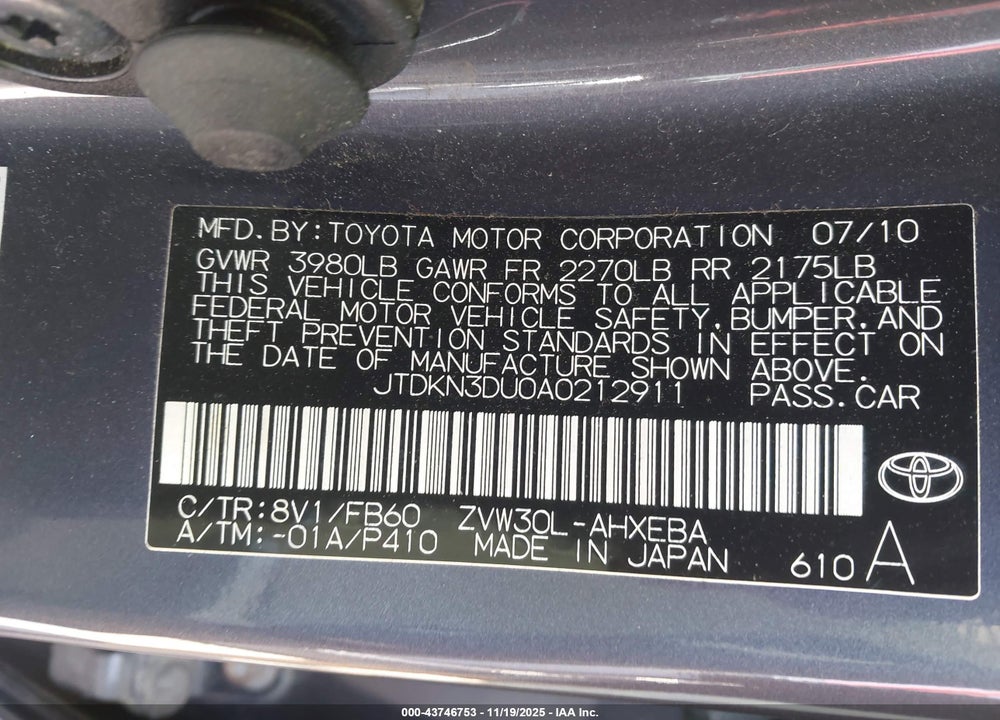 2010 TOYOTA PRIUS III VIN: JTDKN3DU0A0212911