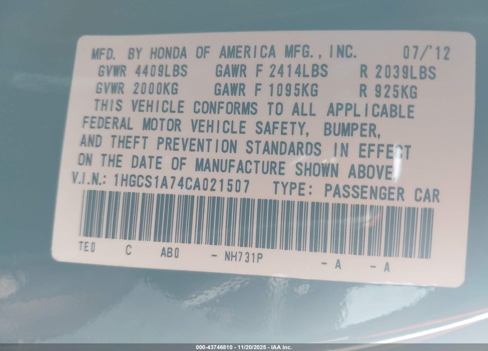 2012 HONDA ACCORD VIN: 1HGCS1A74CA021507