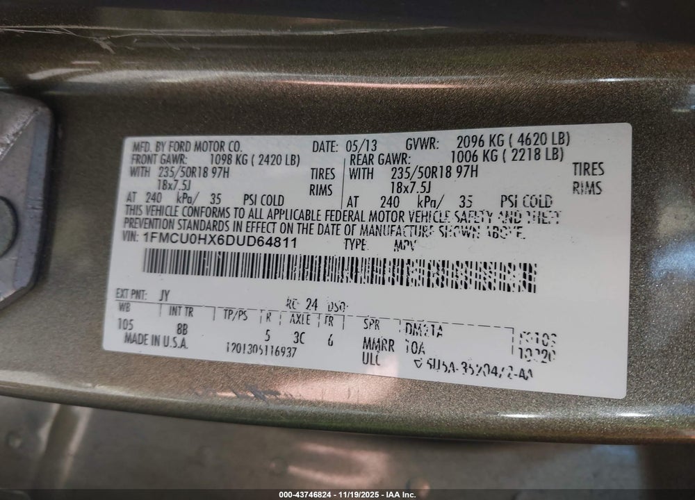 2013 FORD ESCAPE SEL VIN: 1FMCU0HX6DUD64811
