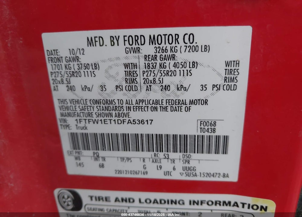 2013 FORD F-150 FX4 VIN: 1FTFW1ET1DFA53617