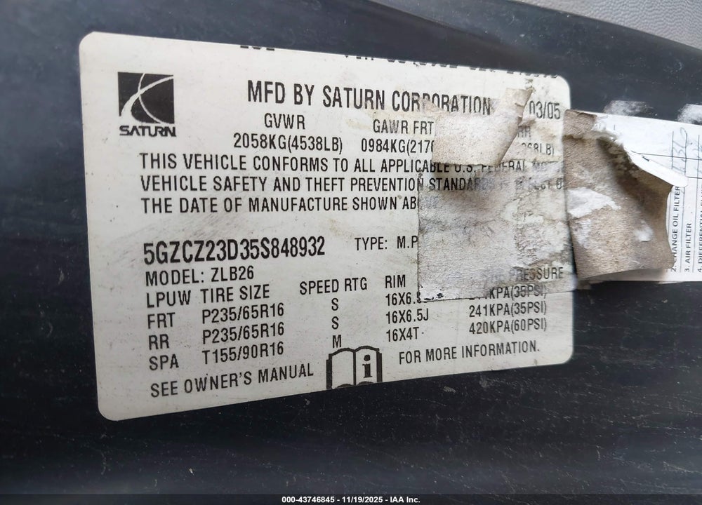 2005 SATURN VUE 4 CYL VIN: 5GZCZ23D35S848932