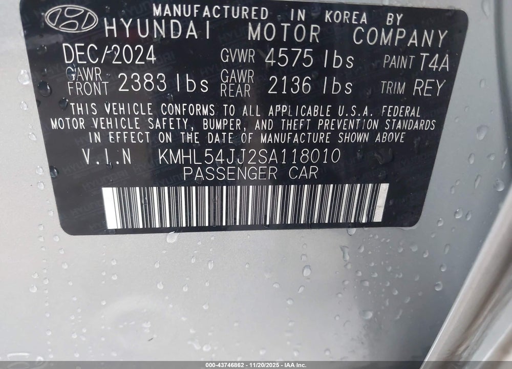 2025 HYUNDAI SONATA HYBRID LIMITED VIN: KMHL54JJ2SA118010