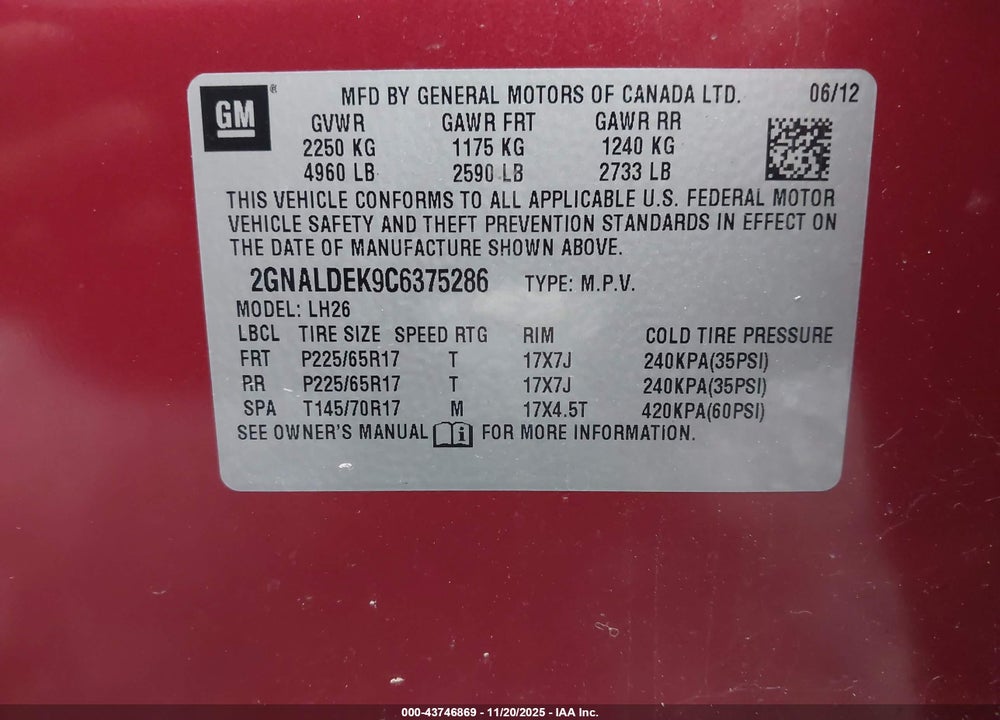 2012 CHEVROLET EQUINOX VIN: 2GNALDEK9C6375286