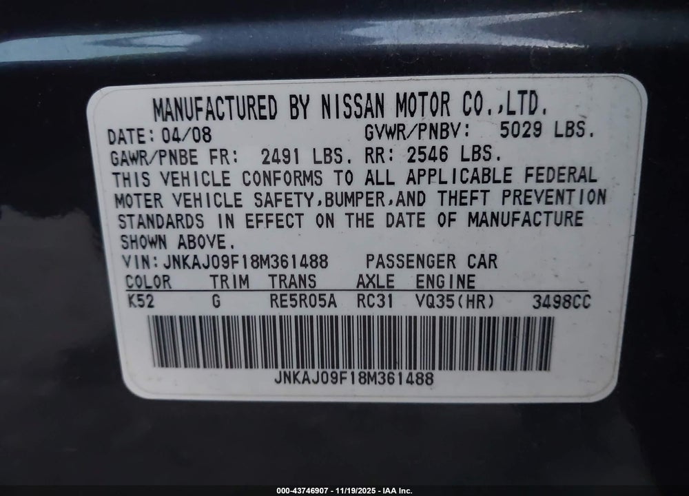 2008 INFINITI EX35 JOURNEY VIN: JNKAJ09F18M361488