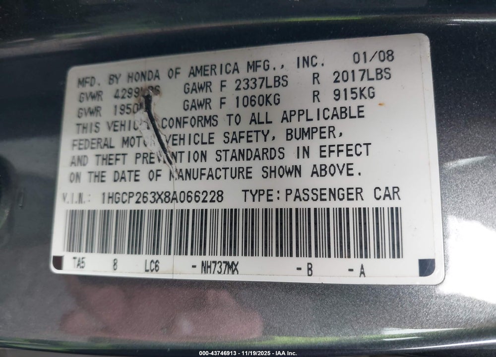 2008 HONDA ACCORD VIN: 1HGCP263X8A066228