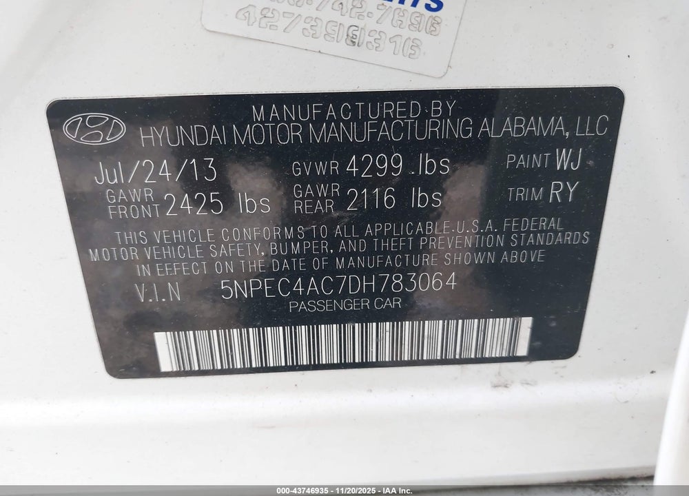 2013 HYUNDAI SONATA LIMITED VIN: 5NPEC4AC7DH783064