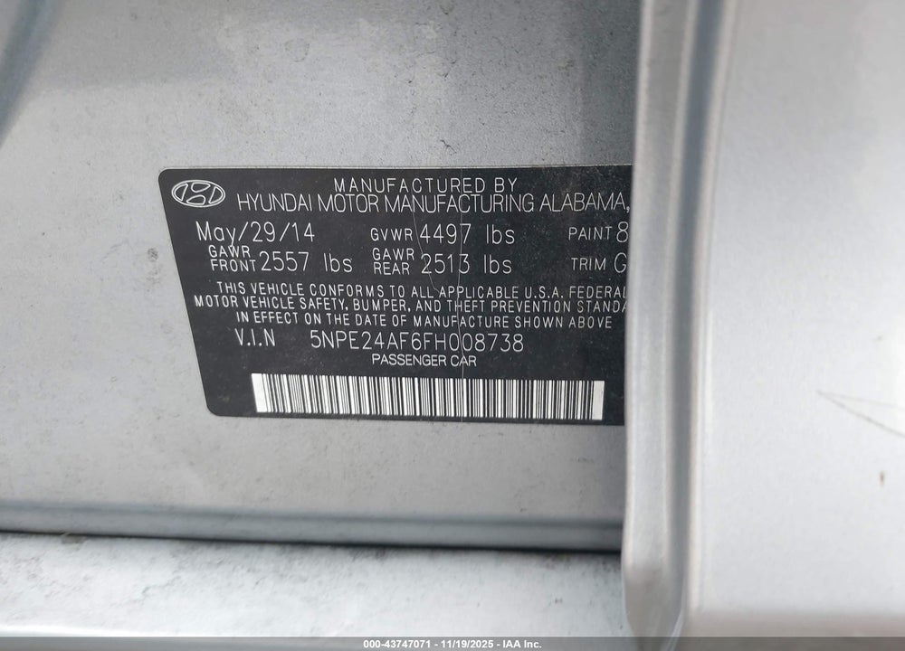 2015 HYUNDAI SONATA SE VIN: 5NPE24AF6FH008738