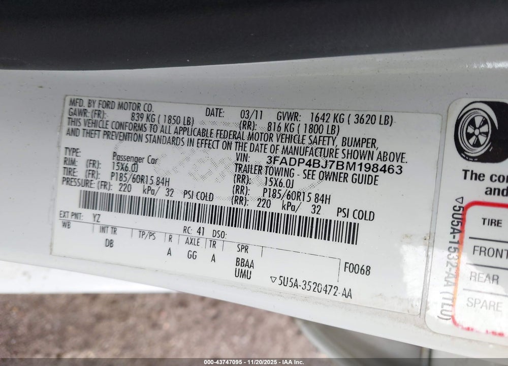 2011 FORD FIESTA SE VIN: 3FADP4BJ7BM198463