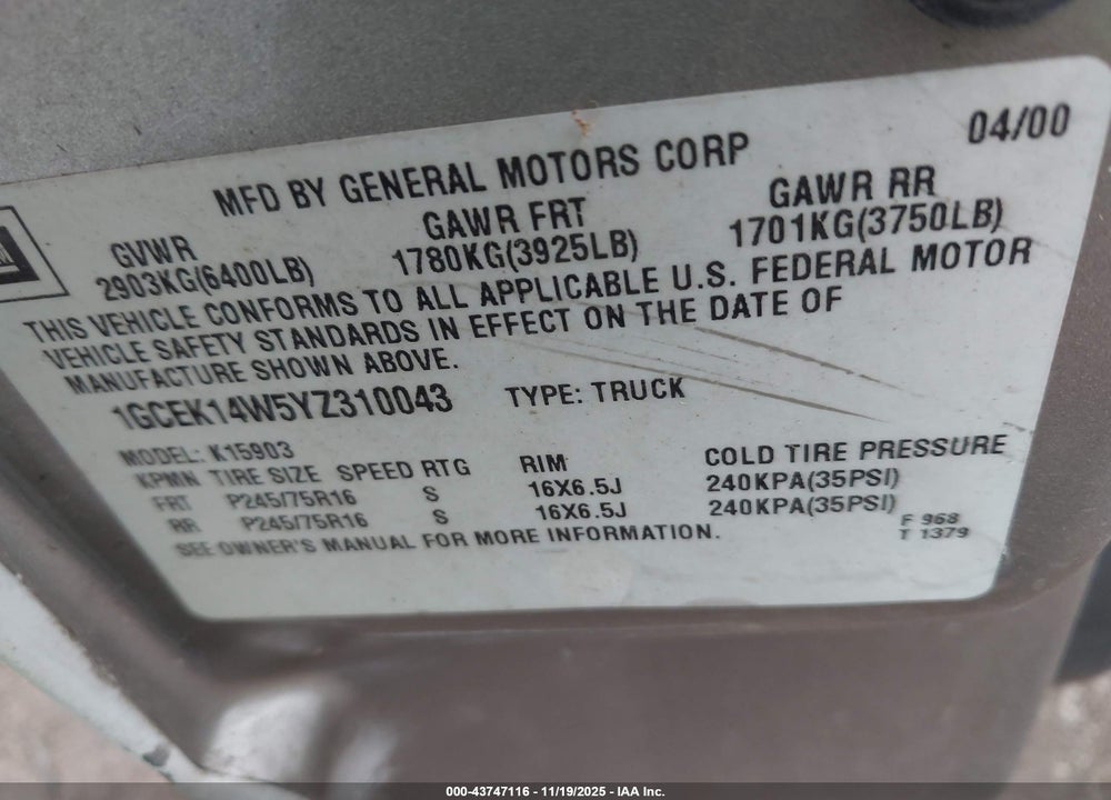 2000 CHEVROLET SILVERADO 1500 VIN: 1GCEK14W5YZ310043