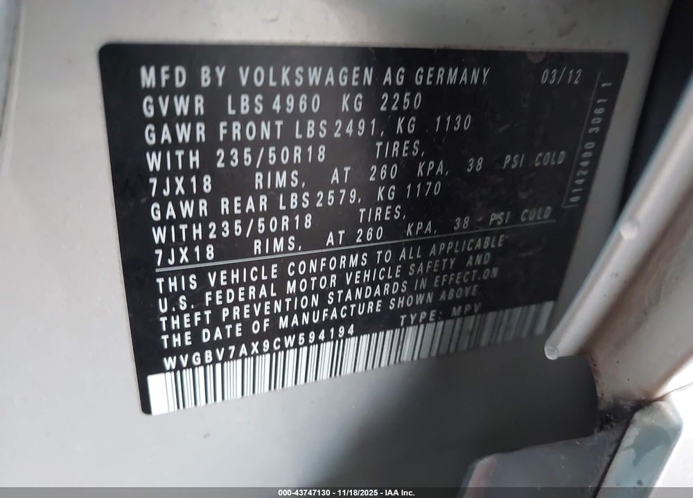 2012 VOLKSWAGEN TIGUAN SE VIN: WVGBV7AX9CW594194
