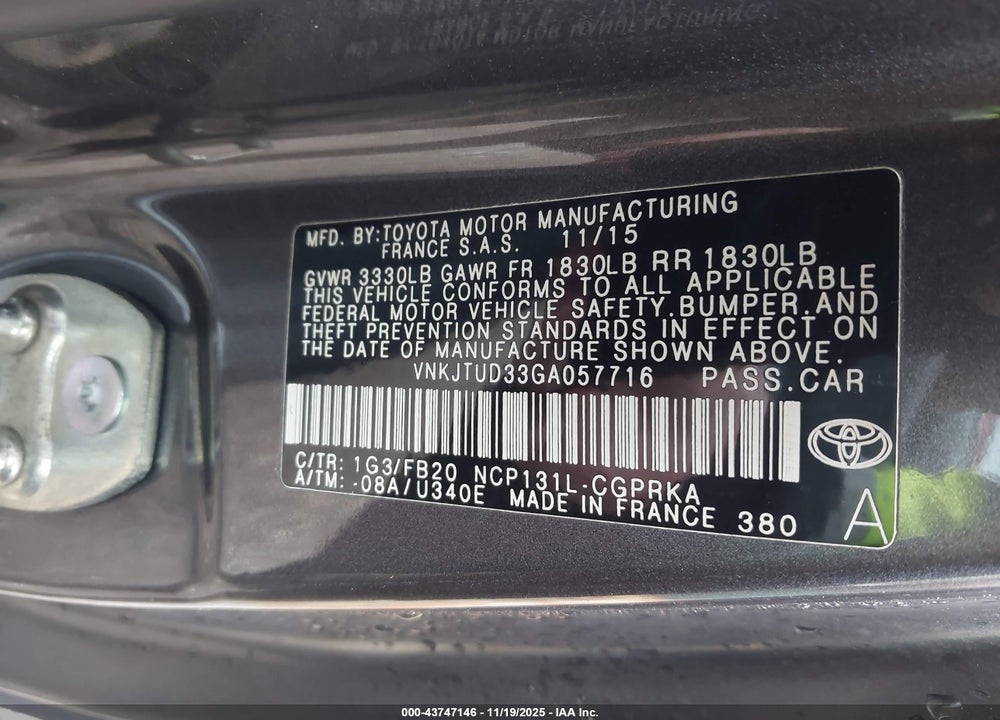 2016 TOYOTA YARIS LE VIN: VNKJTUD33GA057716